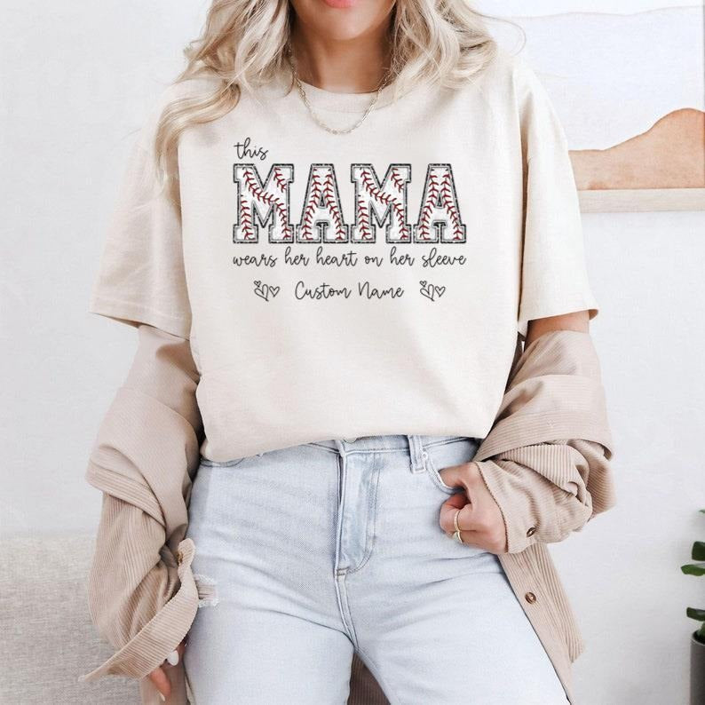 Baseball Mama T-shirt with Kids Name on Sleeve, Baseball Top for Mom, Baseball Season Hoodie, Sports Mom Tee, Baseball...