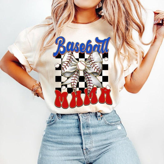 Baseball Mama, Game Day Baseball, Retro Bow, Checkered Baseball T-shirt Hoodie, Sweatshirt | WearSparks.com
