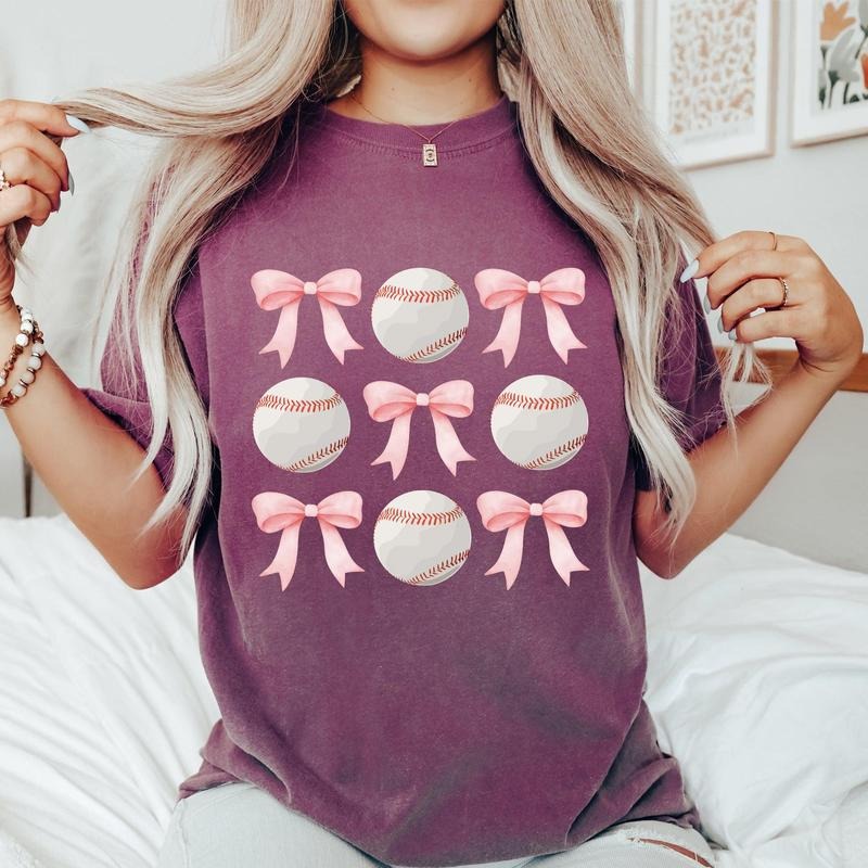 Baseball, Pink Bows, Mother, Mama, Sports, Coquette Tshirt, Women's Crew Neck, Crewneck Hoodie, Sweatshirt | WearSparks.com