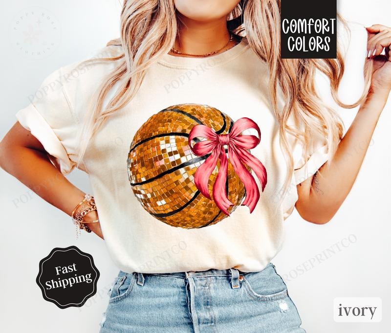 Basketball Bow Shirt Comfort Colors, Womens Basketball Tee, Womenswear Oversized Crewneck, Coquette Clothing Hoodie,...