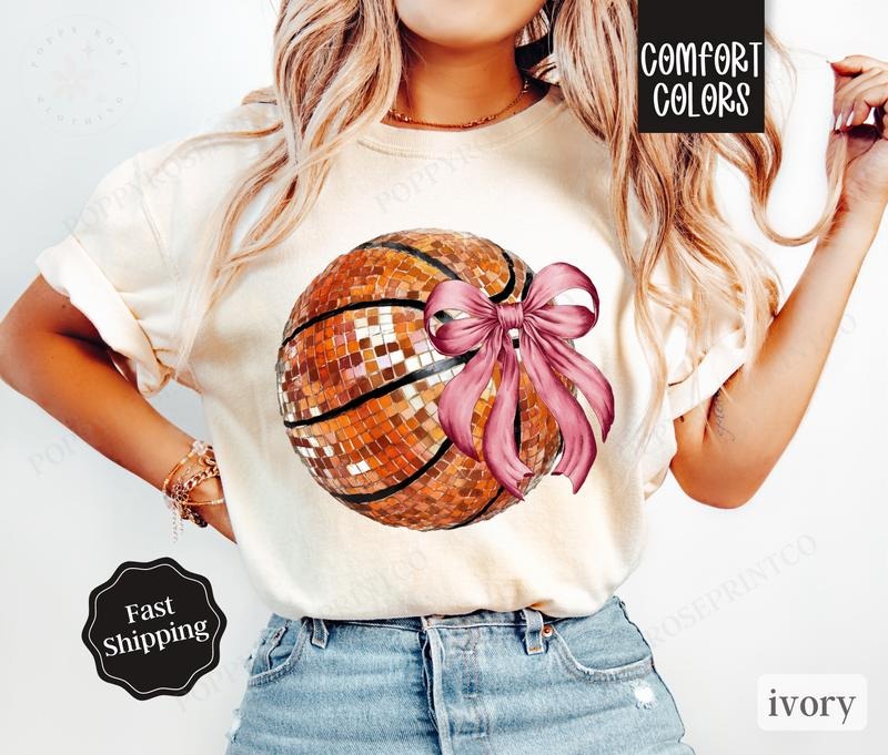 Basketball Bow Shirt Comfort Colors, Womens Basketball Tee, Womenswear Oversized Crewneck, Coquette Clothingstyle{n002}2...