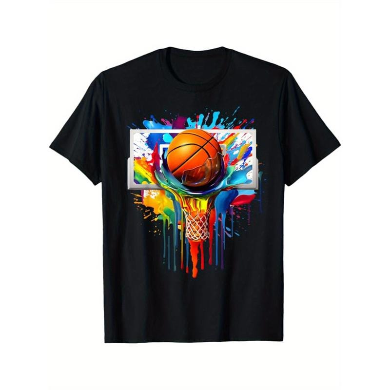 Basketball Printed, Men's Cotton T-shirt, Casual Short Sleeve Round Neck Tee, Soft Comfortable Basketball Players Top,...