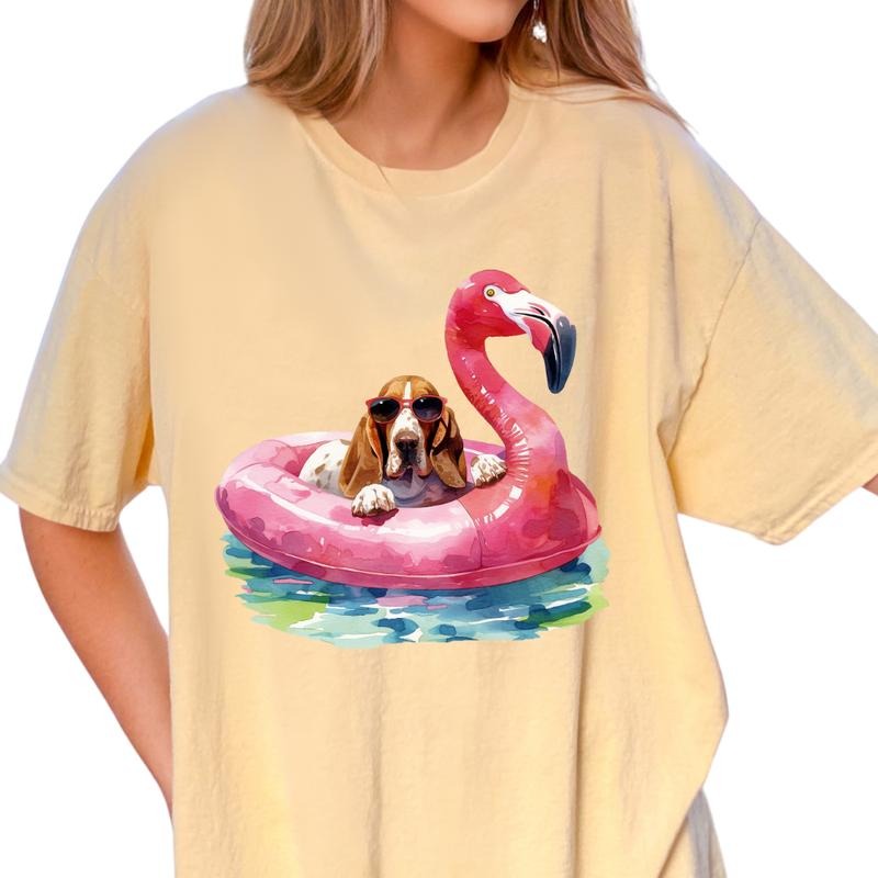 Bassett Hound Flamingo Float Dog Shirt ~ Unisex Apparel Relaxed Fit Printed In The USA Clothing Womenswear Casual Comfort...
