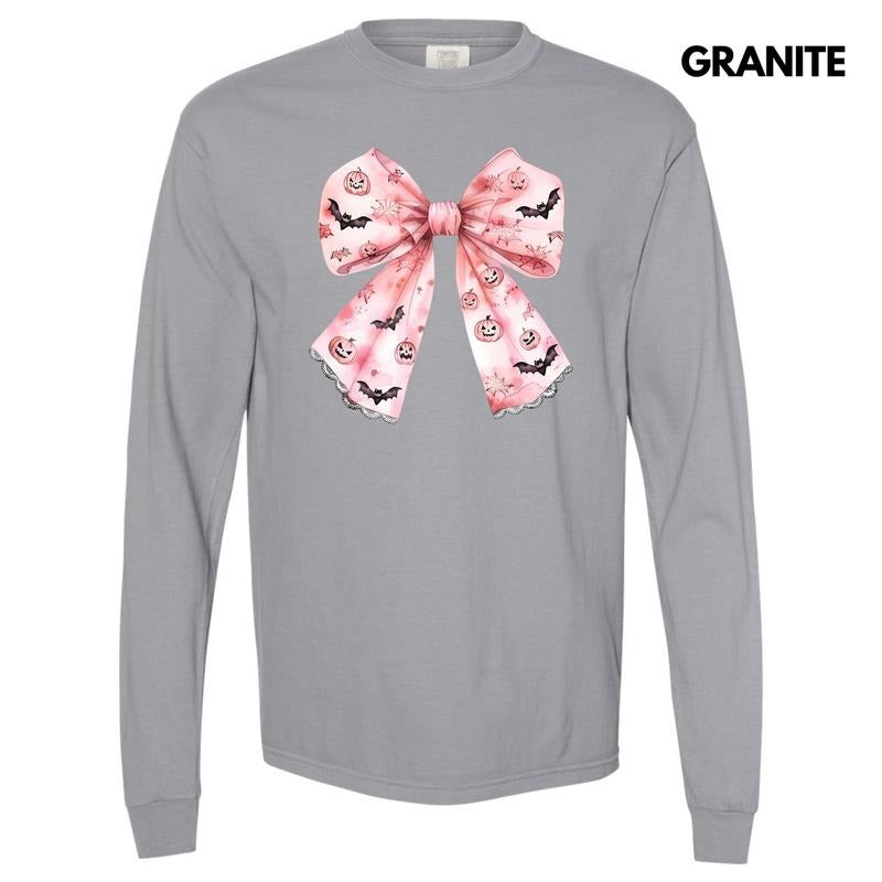 Bat & Pumpkin Pink Bow Long Sleeve Comfort Colors T-Shirt 'NLB' Hoodie, Sweatshirt | WearSparks.com