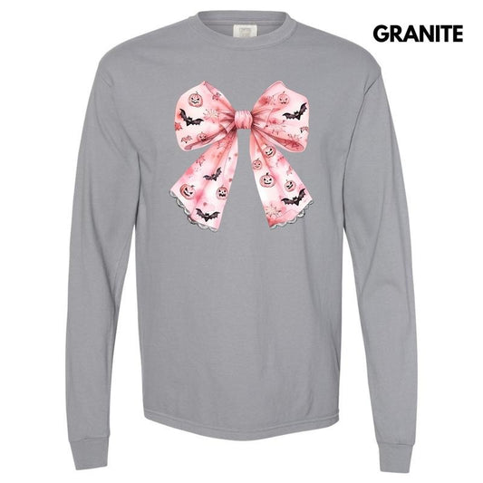 Bat & Pumpkin Pink Bow Long Sleeve Comfort Colors T-Shirt 'NLB' Hoodie, Sweatshirt | WearSparks.com