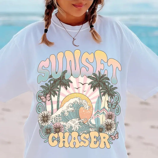 Beach Shirt, Sunset Chaser T-shirt, Summer T-shirt Oversized,  Comfort Cotton Womenswear Fabric Top Oversized Underwear...