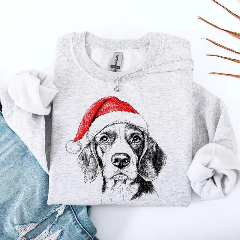 Beagle, Santa, Dog, Christmas, Dog Lover, Pet Sweatshirt, Crew Neck, Women's, Crewneck T-Shirts, Hoodie | WearSparks.com