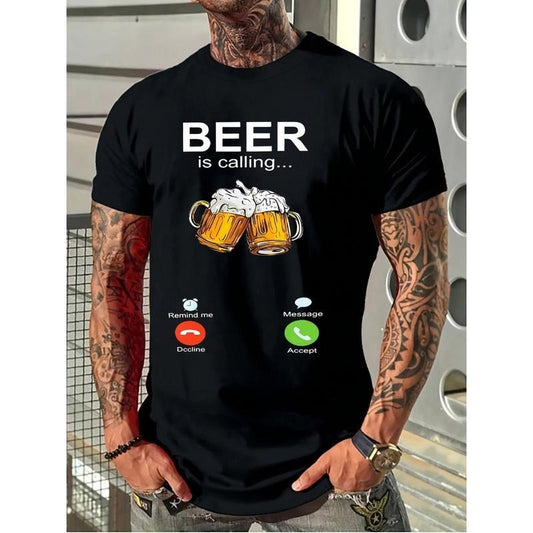 Beer and Slogans Graphic Print T-Shirt Men's Casual Style Summer and Autumn Slightly Elastic Round Neck T-Shirt Made in...