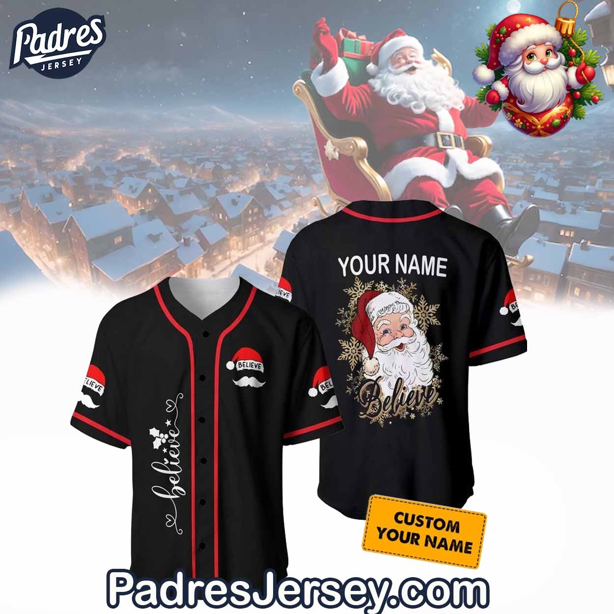 Believe Christmas Santa Baseball Jersey Outfit - Custom Name - Padres Jersey Oasis: Elevate Your Baseball Style Game...