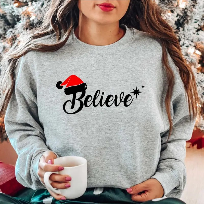 Believe Sweatshirt, Believe Christmas Hoodie, Christian Gift Sweater, Unisex Christmas Party Sweatshirt, Family Believe...