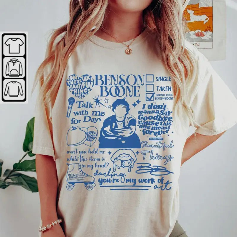 Benson Boone Doodle Art Fireworks And Rollerblades World Tour 2024 Concert Shirt, Unisex Short Sleeve Tee Crewneck Casual...