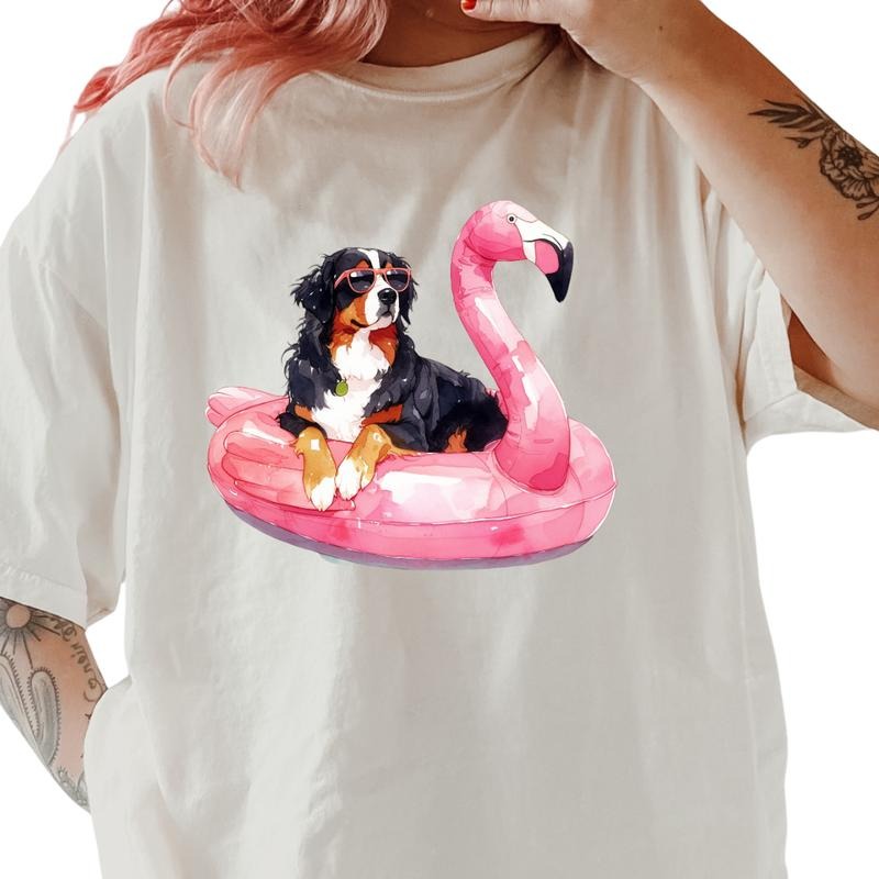 Bernese Flamingo Float Dog Shirt ~ Unisex Apparel Relaxed Fit Printed In The USA Clothing Womenswear Casual Comfort...