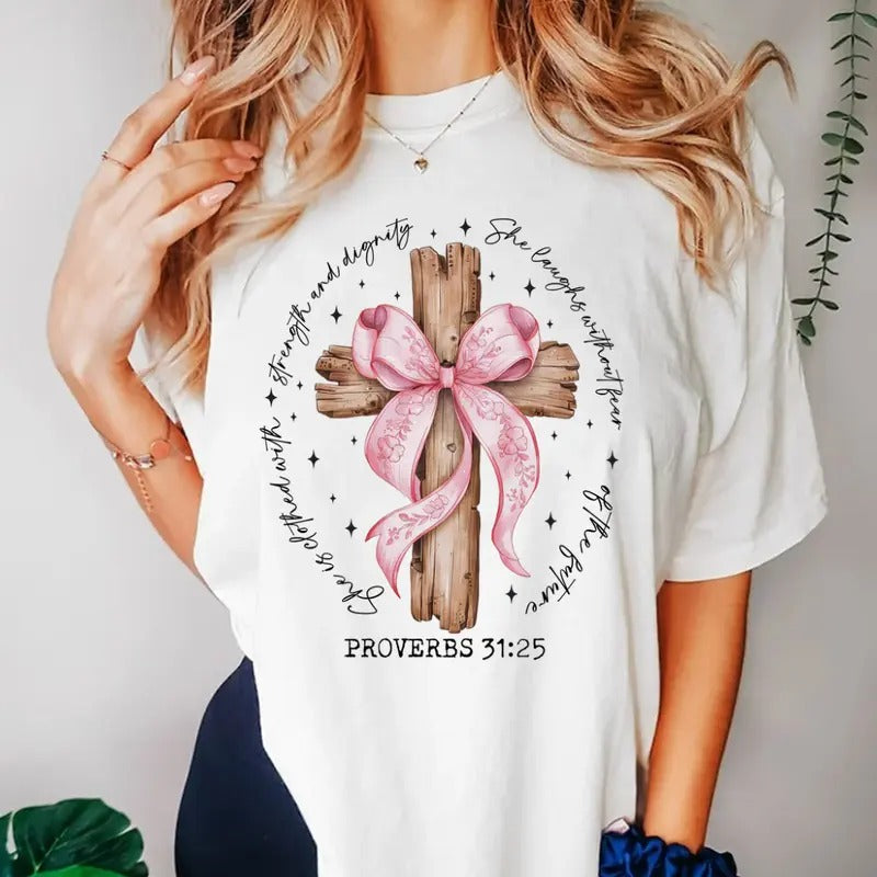 Bible Jesus Shirt, She Is Bible Verse T-shirt, Blue Floral Bow Cross Bible Bow Sweatshirt, Jesus God Christian. Hoodie