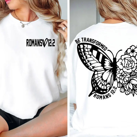 Bible Verse T-Shirt, Scripture Sweatshirt, Be Transformed Crew Neck Shirt, Christian Shirts, Butterfly Sweater, Biblical...
