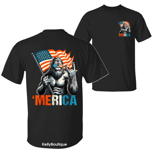 Bigfoot Merica Rock American Flag Patriotic 4th Of July T-Shirt, Sasquatch Lovers Independence Day 2 Sided Design Unisex...