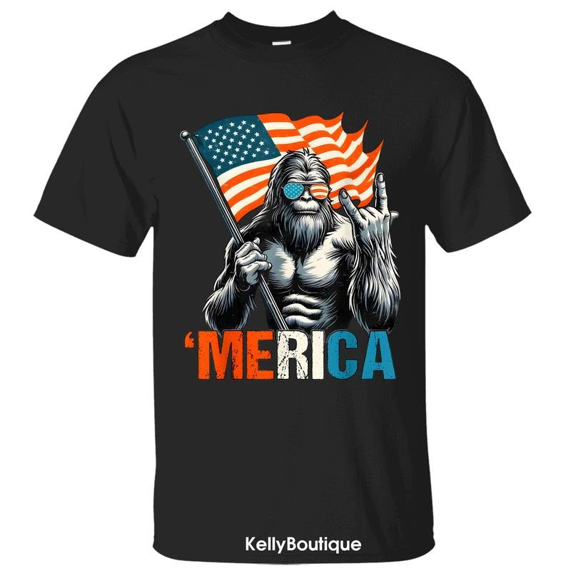 Bigfoot Merica Rock American Flag Patriotic 4th Of July T-Shirt, Sasquatch Lovers Independence Day Front Design Unisex...