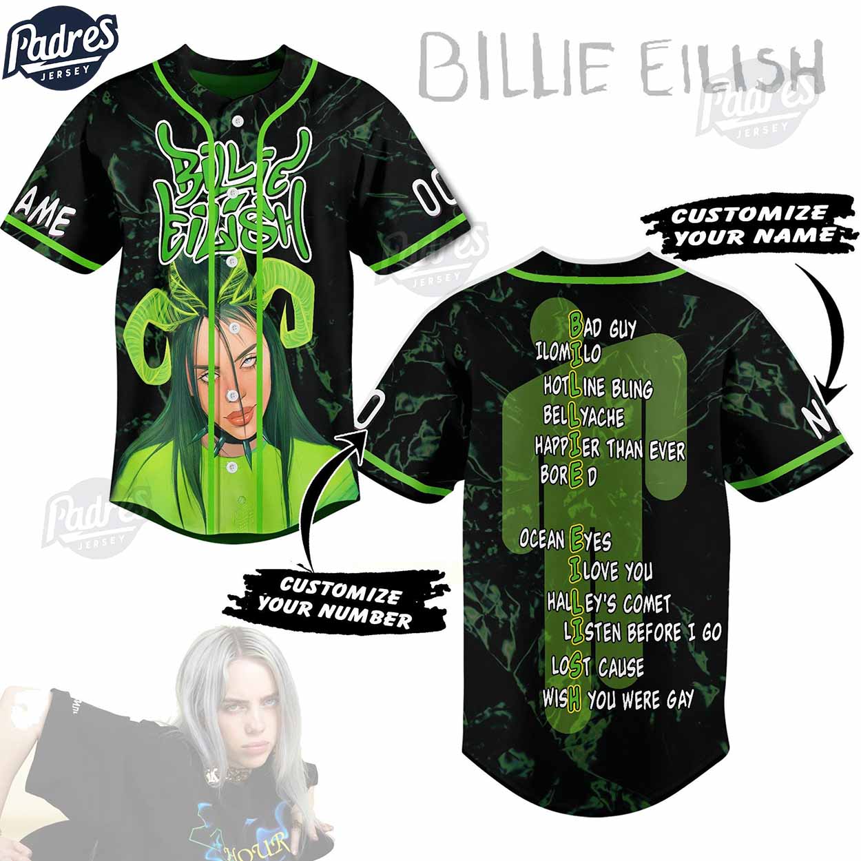 Billie Eilish Green Custom Baseball Jersey - Padres Jersey Oasis: Elevate Your Baseball Style Game T-Shirts, Hoodie,...