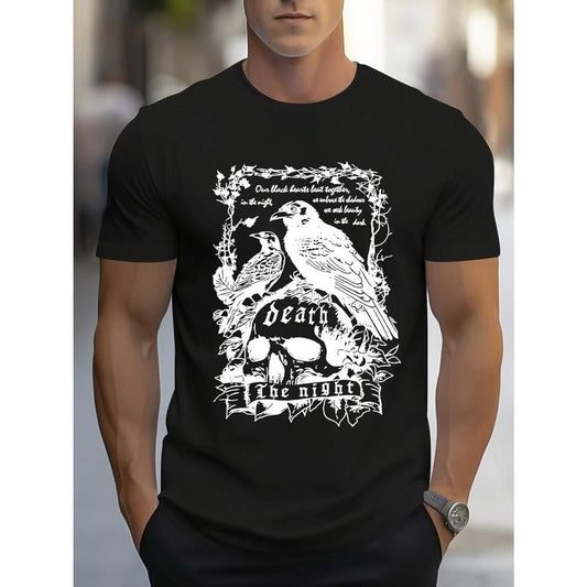 Birds Illustration Print, Men's Crew Neck Short Sleeve T-shirt, Stylish & Trendy & Cozy For Casual Summer Wear Made in...
