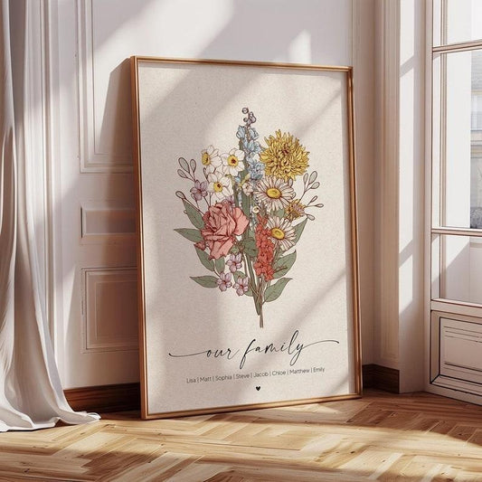 Birth Flowers Family Bouquet Poster, Mothers Day Gift for Grandma, Birth Month Flower Art, Custom Birthday Gift For Mom,...
