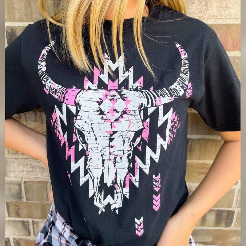 Black Aztec Bull Skull Graphic Tee Hoodie, Sweatshirt | WearSparks.com