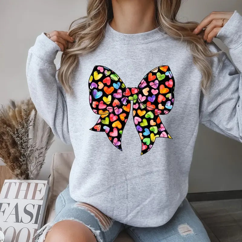Black Bow with Colorful Heart Crewneck Sweatshirt Comfortable Casual Fit Womenswear Everyday Hoodie Love T-Shirts