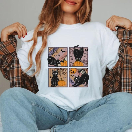 Black Cat Pumpkin Halloween Tshirt Sweatshirt, Fall Boho Halloween Sweatshirt, Halloween Bat And Cat Tee, Pumpkin Season...