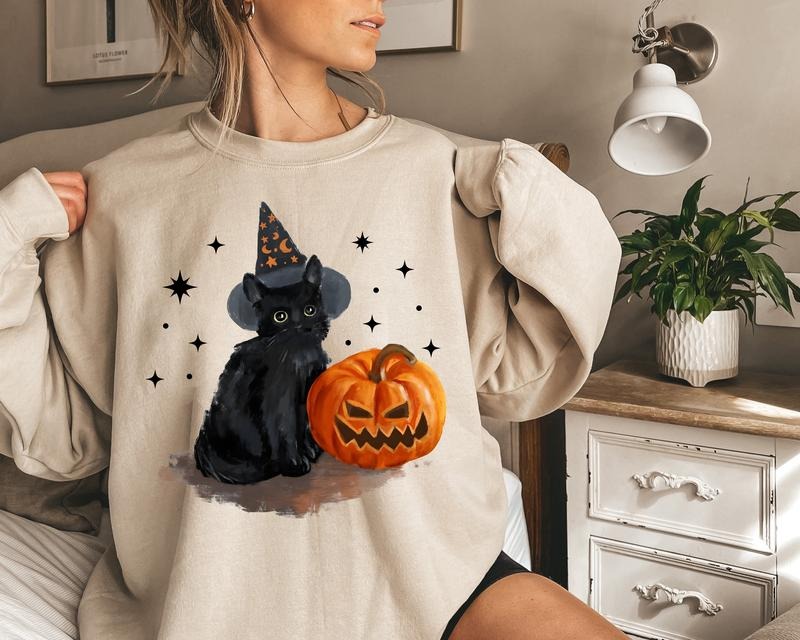 Black Cat Pumpkin Sweatshirt, Vintage Black Cat With Pumpkin Halloween Sweatshirt, Retro Pumpkin Face Halloween Shirt,...