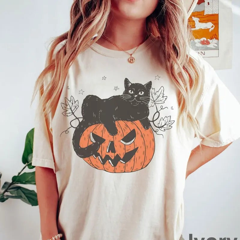 Black Cat on Pumpkin shirt, shirt for fall, Black Cat t-shirt, Halloween Black Cat Design, Fall Shirt Hoodie, Sweatshirt