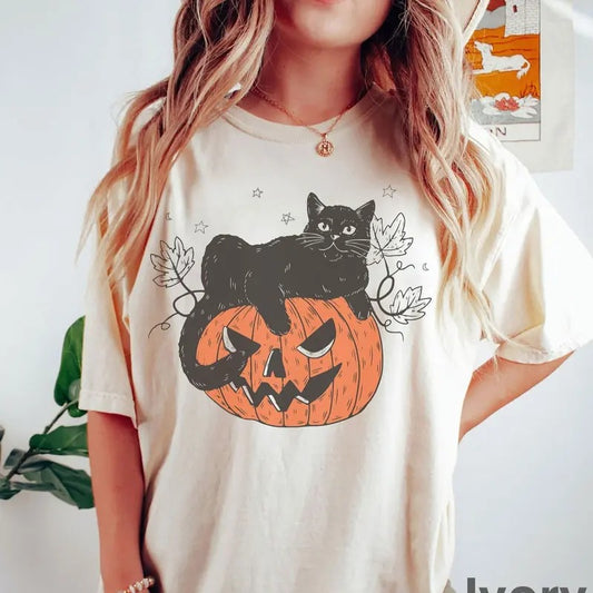 Black Cat on Pumpkin shirt, shirt for fall, Black Cat t-shirt, Halloween Black Cat Design, Fall Shirt Hoodie, Sweatshirt