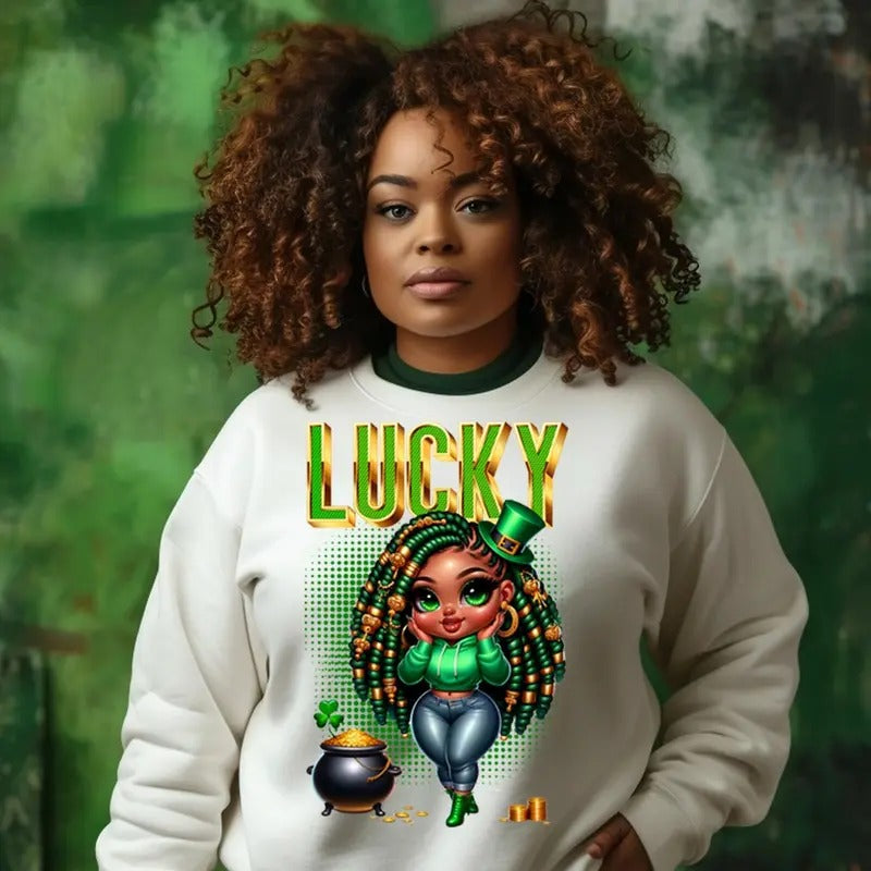 Black Girl Chibi Lucky Charm Sweater, Lucky Black Woman St. Patrick’s Day Locs Shirt, Black Girl Magic Tee Hoodie, Sweatshirt