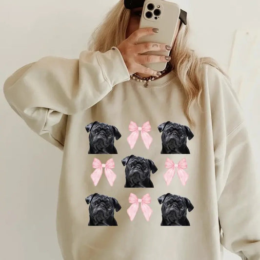 Black Pug with bows Sweatshirt ~ Sweatshirt Unisex Apparel Relaxed Fit Printed in the USA Clothing Womenswear Casual and...