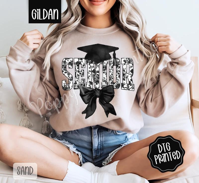 Black Senior Bow Sweatshirt, Cute Graduation Sweater, Trendy Coquette Crewneck, Gift for Her T-Shirts, Hoodie