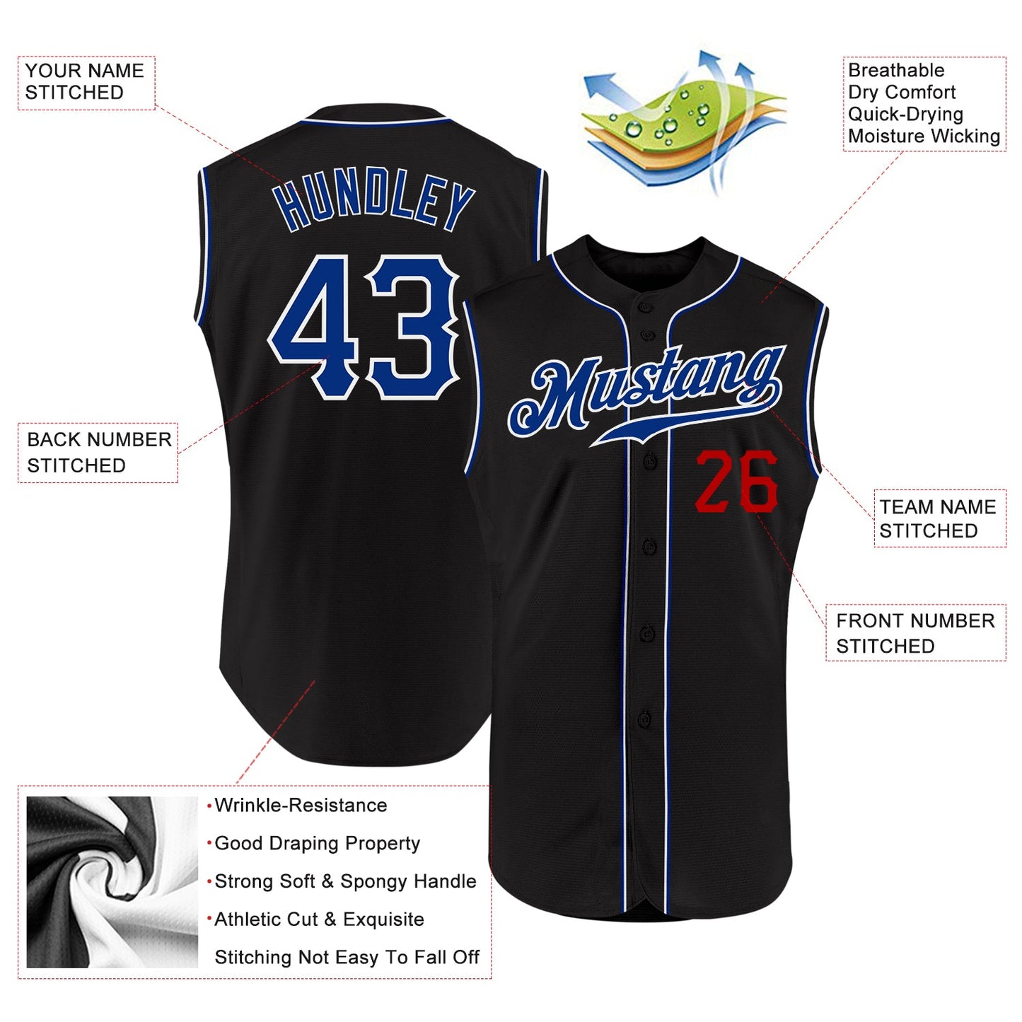Custom Black Royal-Red Authentic Sleeveless Baseball Jersey T-Shirts, Hoodie, Sweatshirt | WearSparks.com (Image 2)