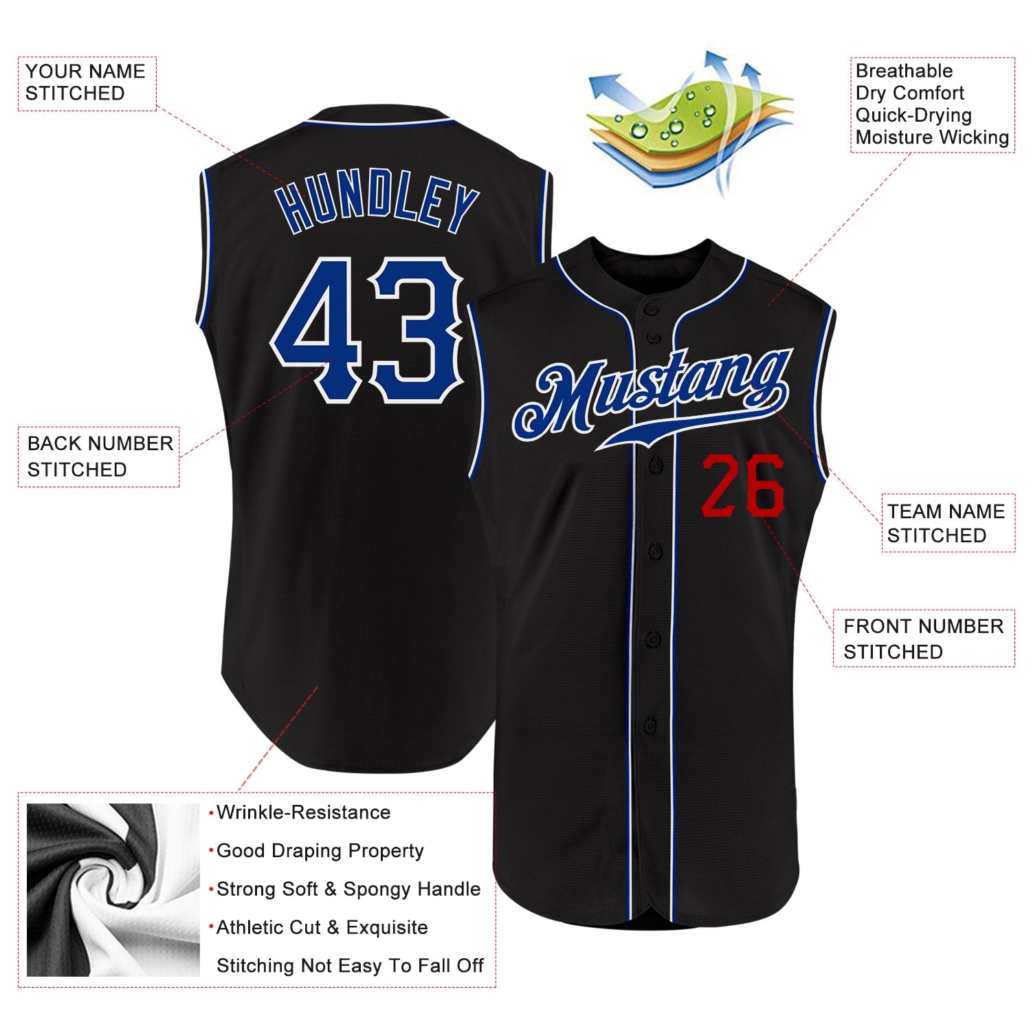 Custom Black Royal-Red Authentic Sleeveless Baseball Jersey T-Shirts, Hoodie, Sweatshirt | WearSparks.com (Image 2)