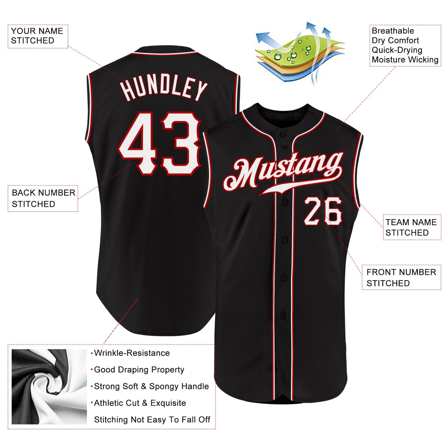 Custom Black White-Red Authentic Sleeveless Baseball Jersey T-Shirts, Hoodie, Sweatshirt | WearSparks.com (Image 2)