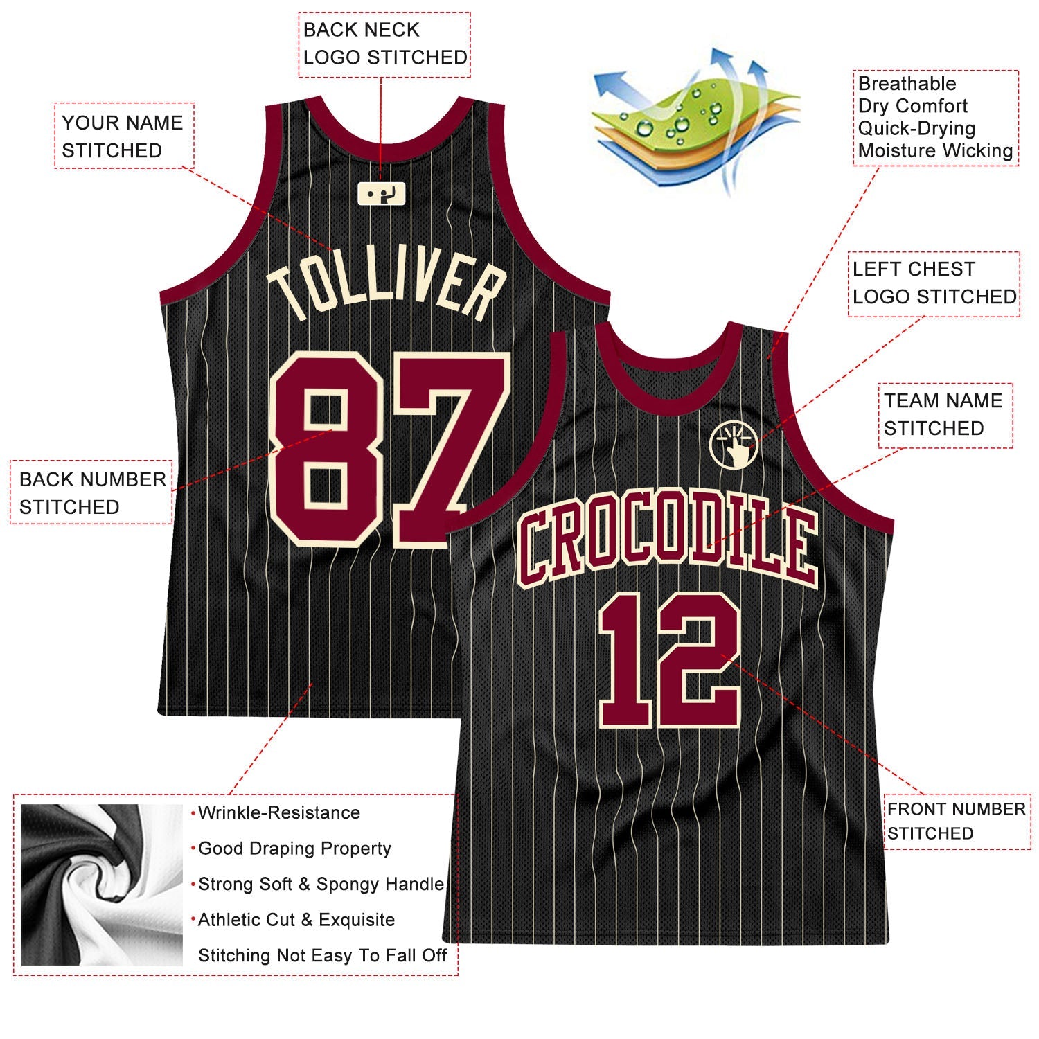 Custom Black Cream Pinstripe Maroon-Cream Authentic Basketball Jersey T-Shirts, Hoodie, Sweatshirt | WearSparks.com (Image 2)