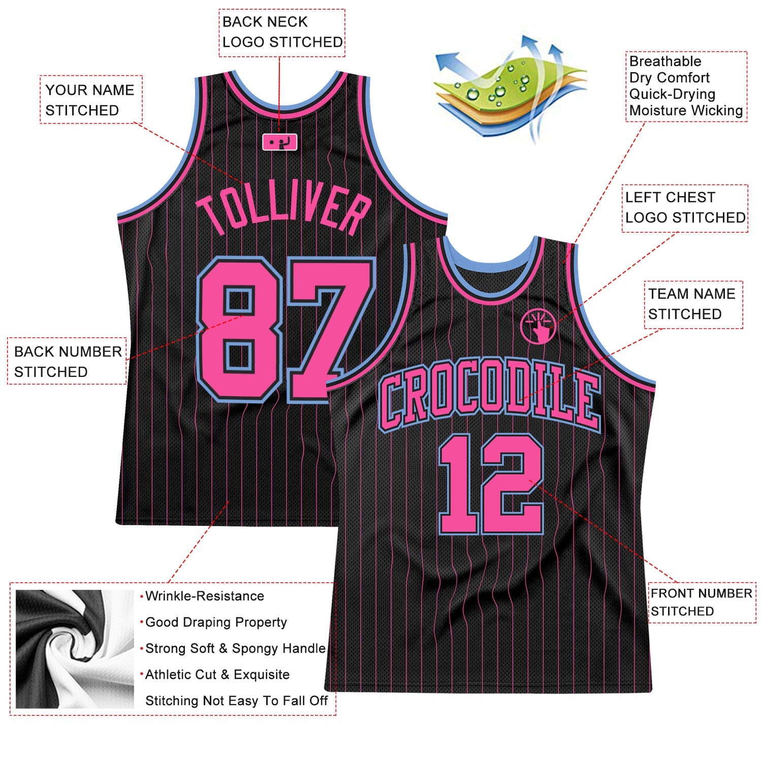 Custom Black Pink Pinstripe Pink-Light Blue Authentic Basketball Jersey T-Shirts, Hoodie, Sweatshirt (Image 2)