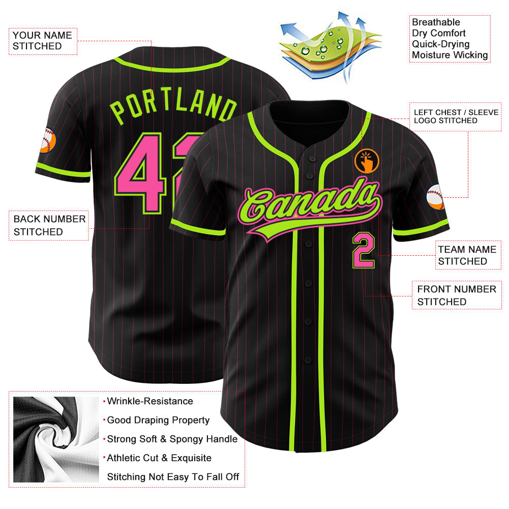 Custom Black Pink Pinstripe Pink-Neon Green Authentic Baseball Jersey T-Shirts, Hoodie, Sweatshirt | WearSparks.com (Image 3)