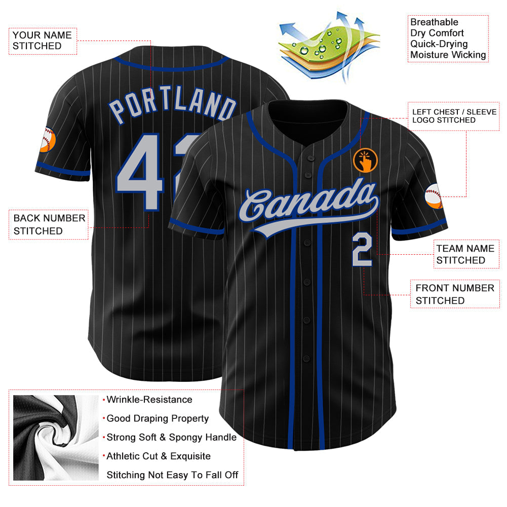 Custom Black Gray Pinstripe Gray-Royal Authentic Baseball Jersey