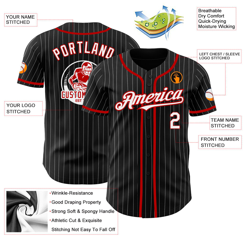 Custom Black White Pinstripe Red Authentic Baseball Jersey T-Shirts, Hoodie, Sweatshirt | WearSparks.com (Image 3)