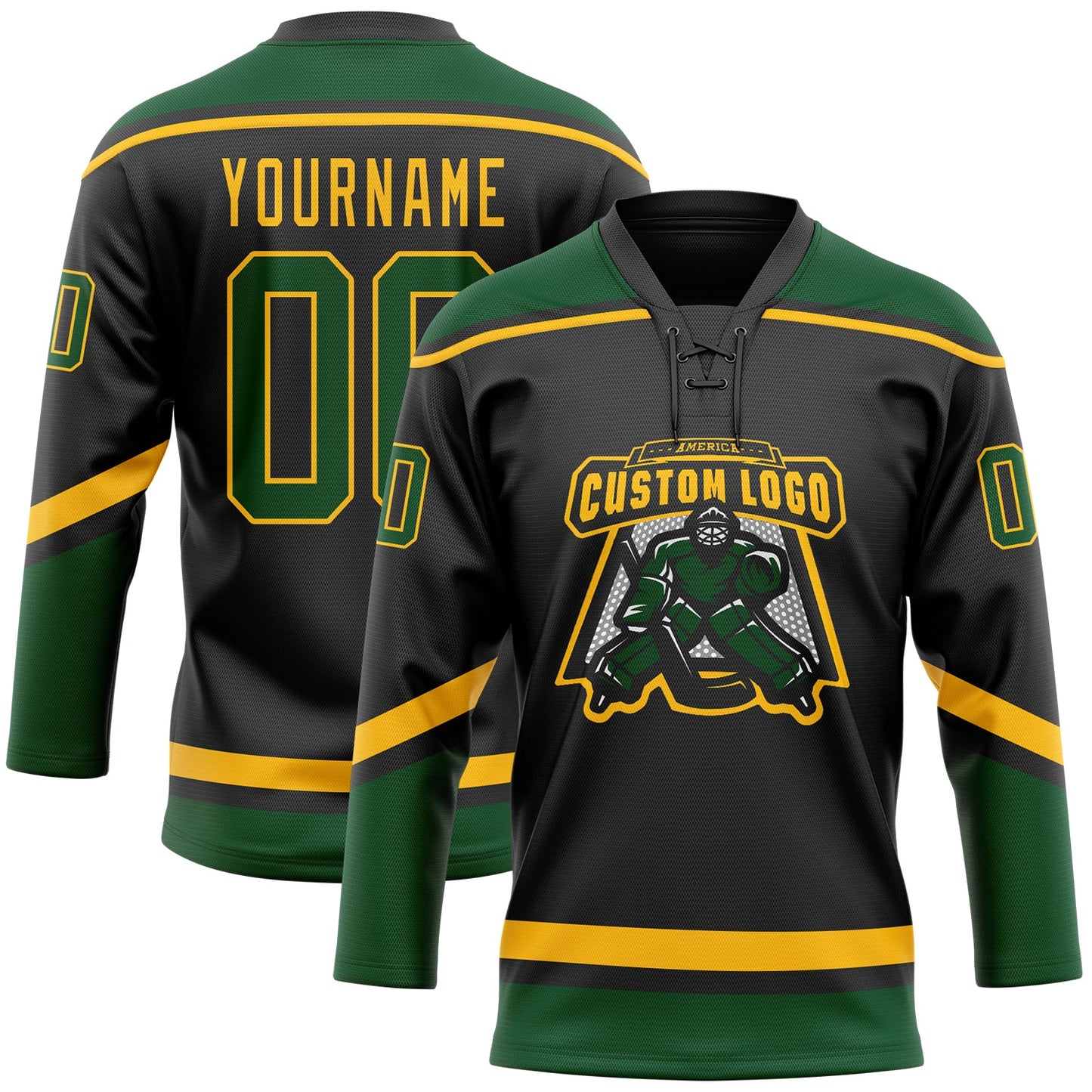 Custom Black Green-Gold Hockey Lace Neck Jersey T-Shirts, Hoodie, Sweatshirt | WearSparks.com (Image 2)