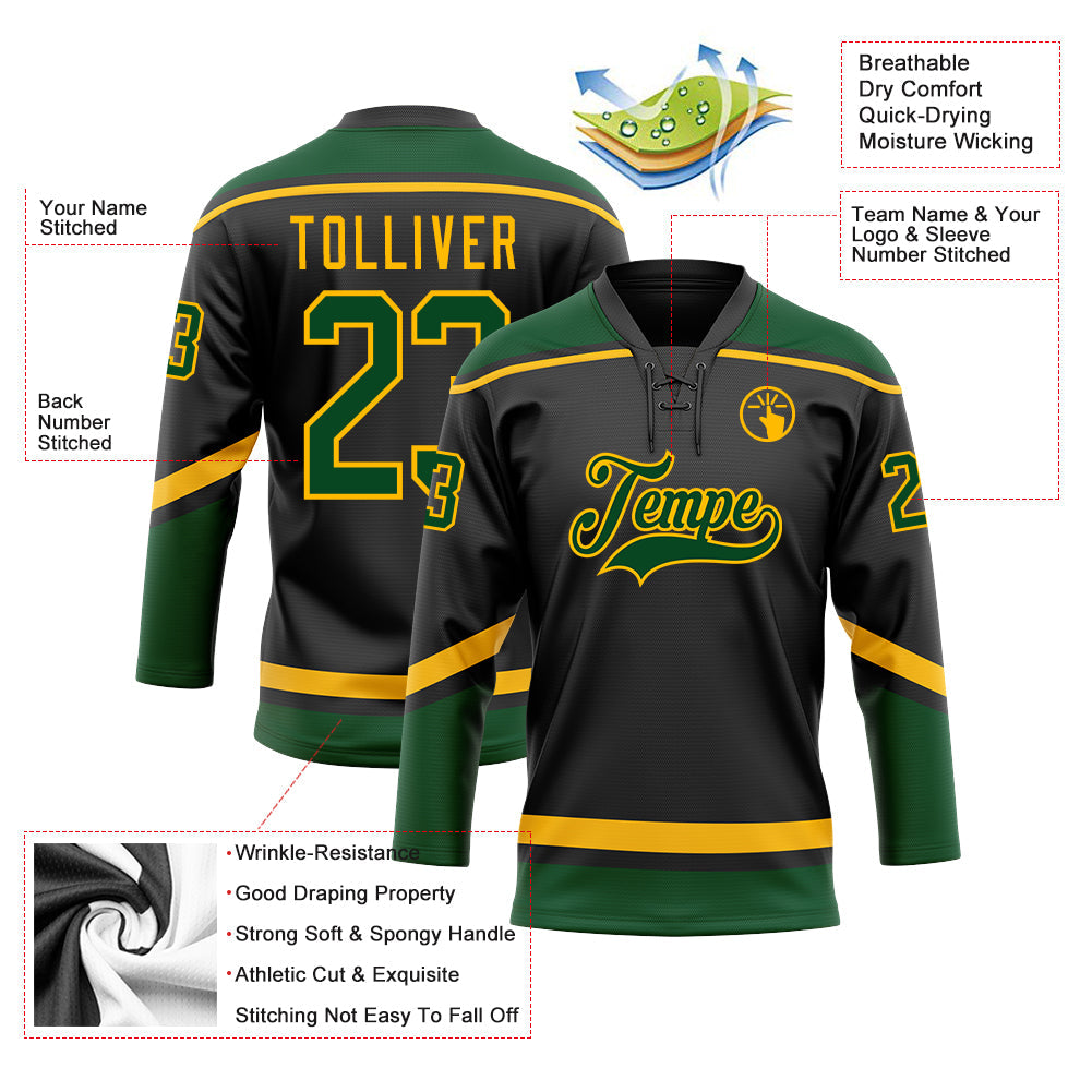 Custom Black Green-Gold Hockey Lace Neck Jersey T-Shirts, Hoodie, Sweatshirt | WearSparks.com (Image 3)