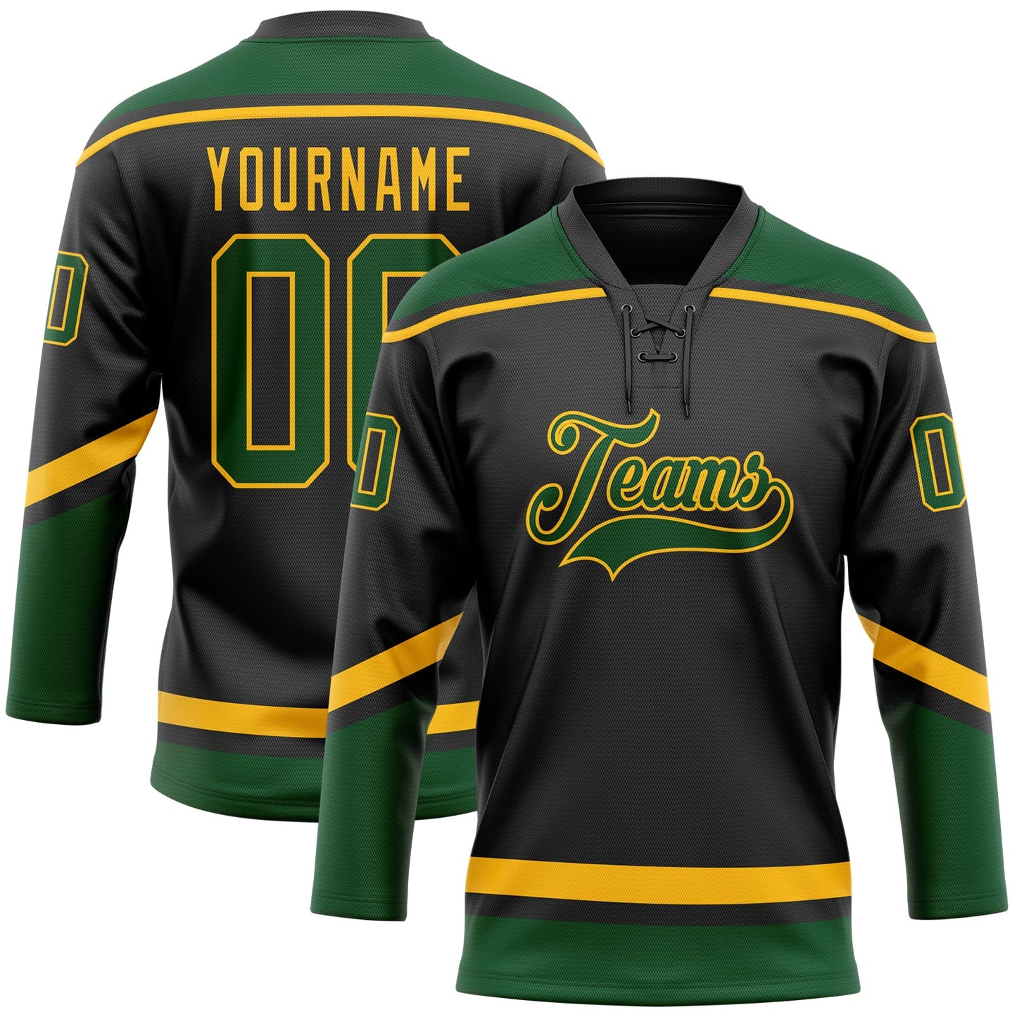 Custom Black Green-Gold Hockey Lace Neck Jersey T-Shirts, Hoodie, Sweatshirt | WearSparks.com (Image 1)