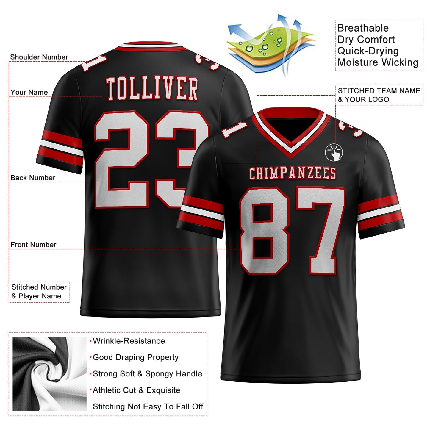 Custom Black White-Red Authentic Football Jersey T-Shirts, Hoodie, Sweatshirt | WearSparks.com (Image 2)