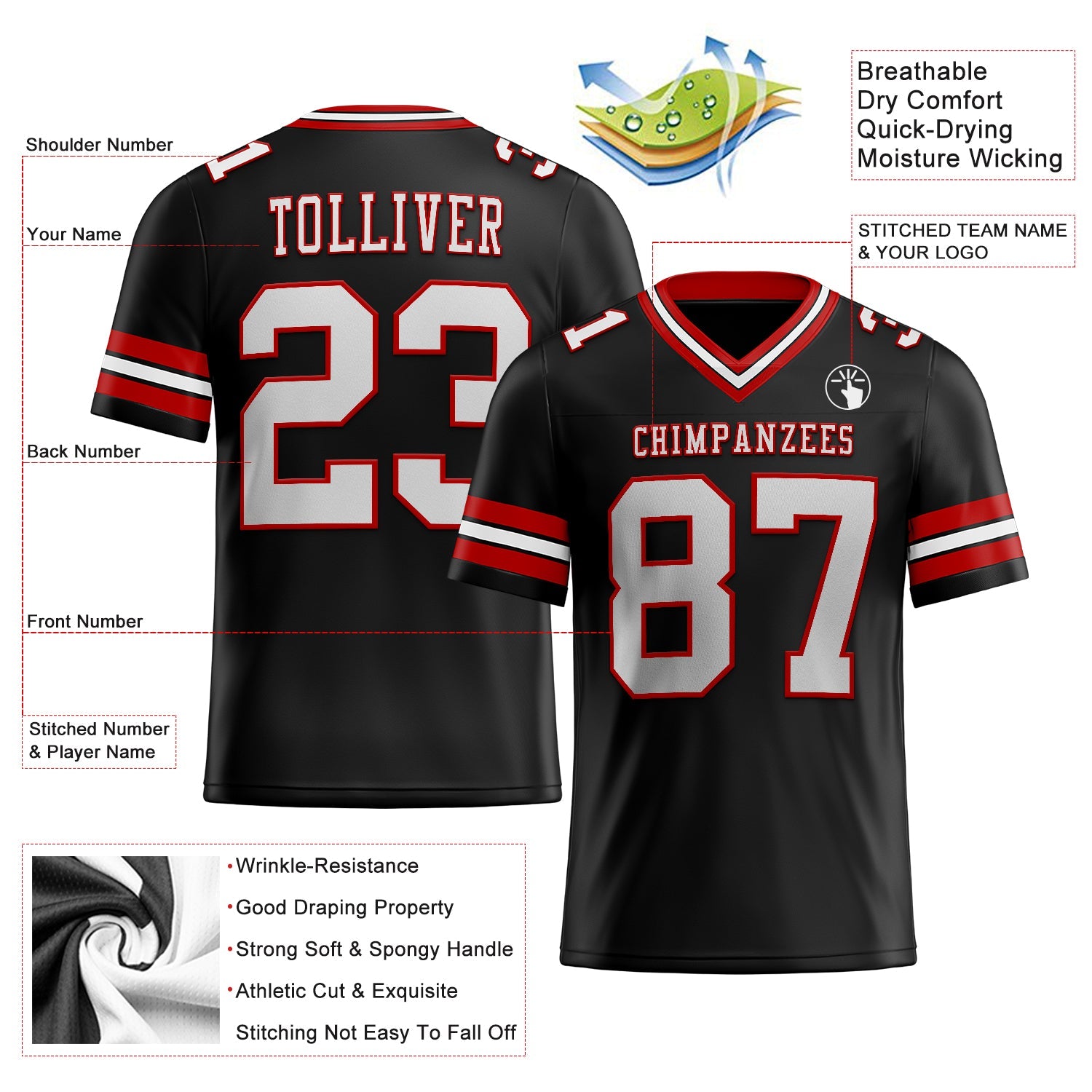 Custom Black White-Red Authentic Football Jersey T-Shirts, Hoodie, Sweatshirt | WearSparks.com (Image 2)