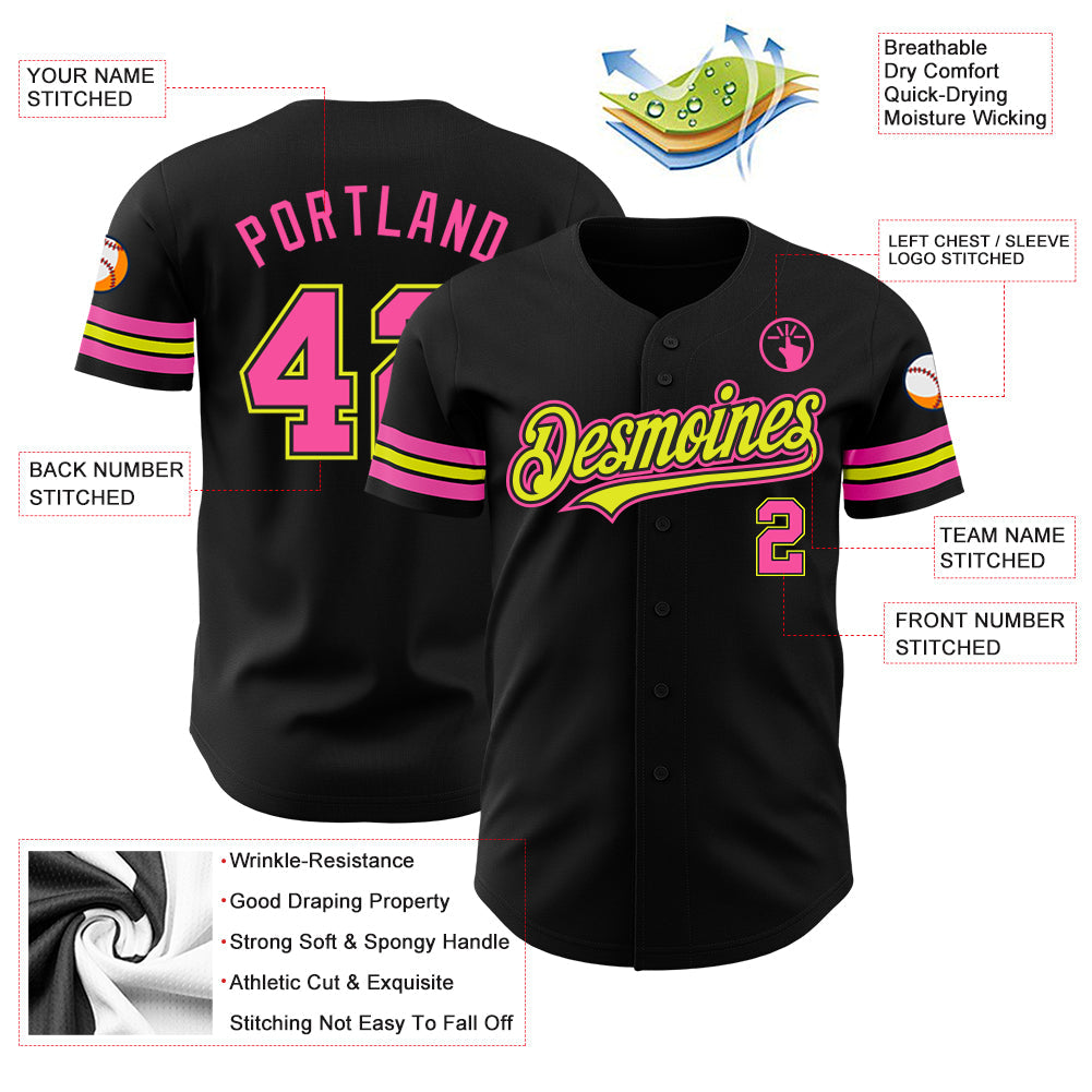 Custom Black Pink-Neon Yellow Authentic Baseball Jersey T-Shirts, Hoodie, Sweatshirt | WearSparks.com (Image 3)