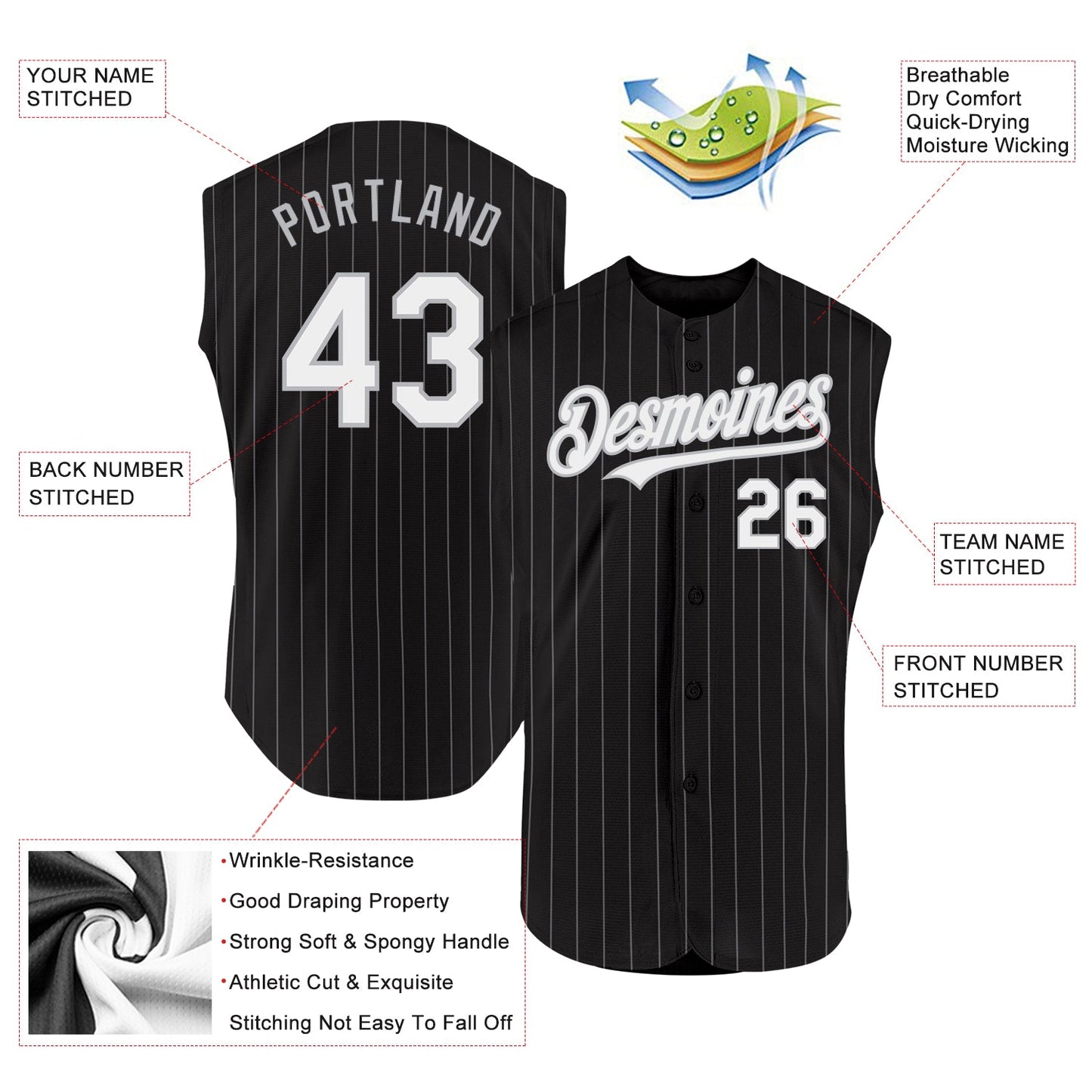 Custom Black Gray Pinstripe White Authentic Sleeveless Baseball Jersey T-Shirts, Hoodie, Sweatshirt (Image 2)