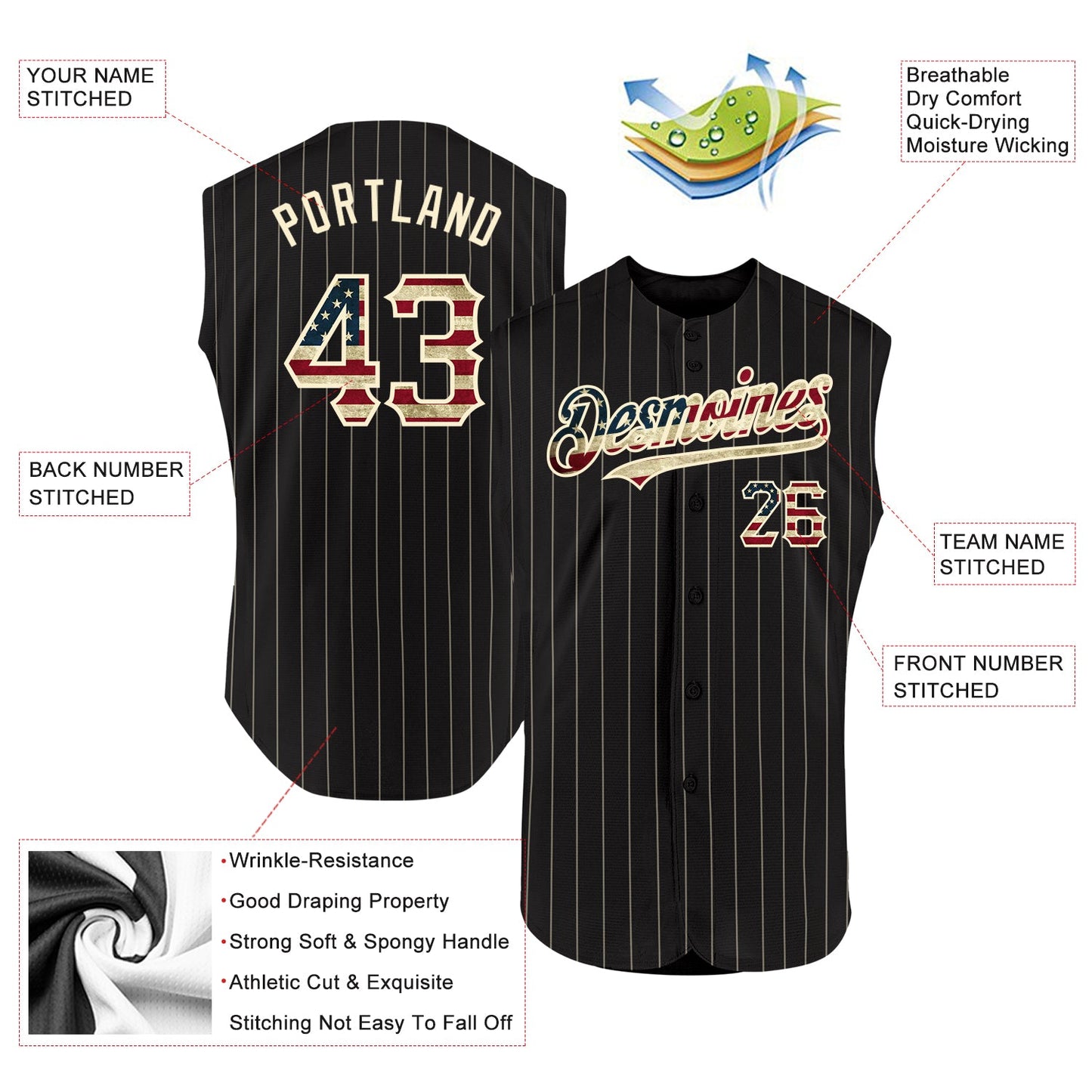 Custom Black Cream Pinstripe Vintage USA Flag Authentic Sleeveless Baseball Jersey T-Shirts, Hoodie, Sweatshirt (Image 2)