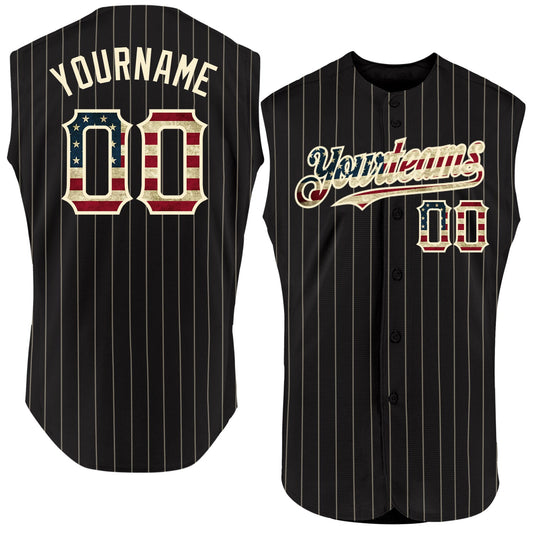 Custom Black Cream Pinstripe Vintage USA Flag Authentic Sleeveless Baseball Jersey T-Shirts, Hoodie, Sweatshirt (Image 1)
