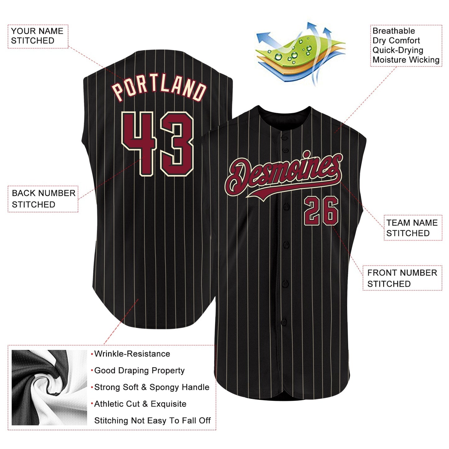 Custom Black Cream Pinstripe Crimson Authentic Sleeveless Baseball Jersey T-Shirts, Hoodie, Sweatshirt (Image 2)